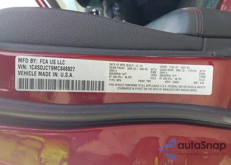 2021 Dodge Durango R/T Awd из США, поврежденный, VIN 1C4SDJCT9MC848827